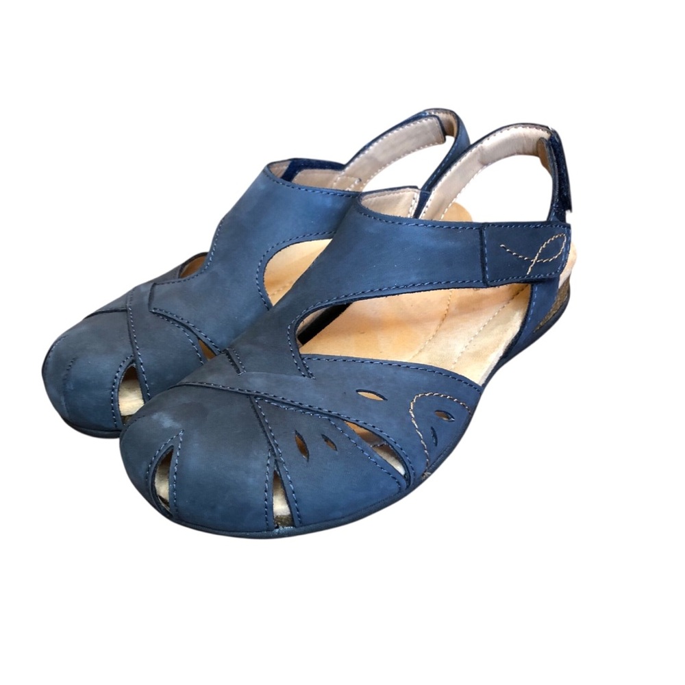 Earth Origins Birdine Sandals Size 7.5 Dark Blue Cork Wedge Comfort WORN ONCE